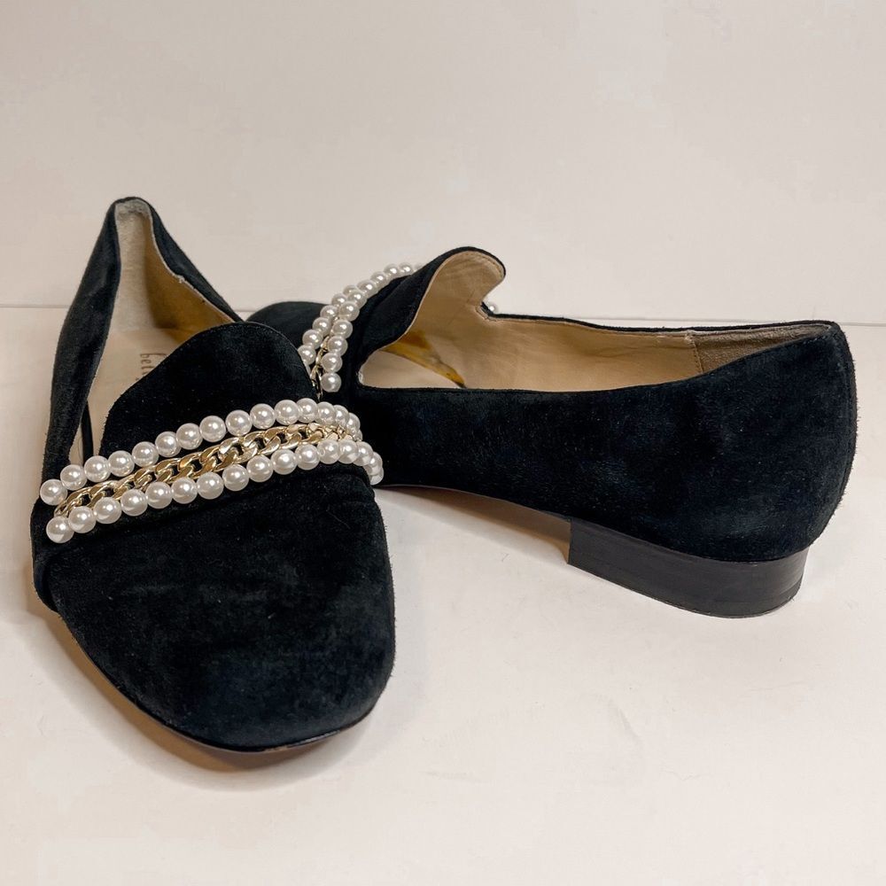 Bettye Muller Black Suede Pearl Chain Loafers Size 6